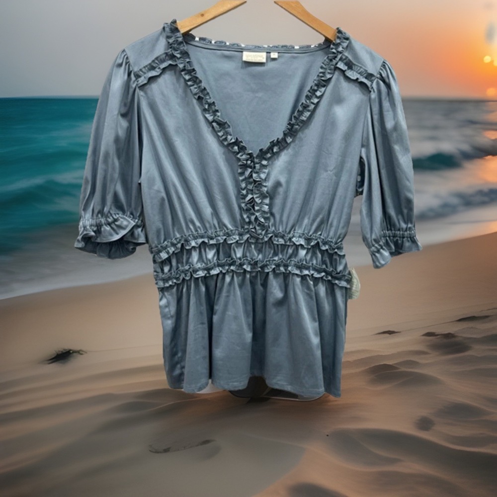 Spartina 449 Gin Blouse Woman  XXL  Blue Puff Sleeve Peasant Ruffle Tunic V Neck